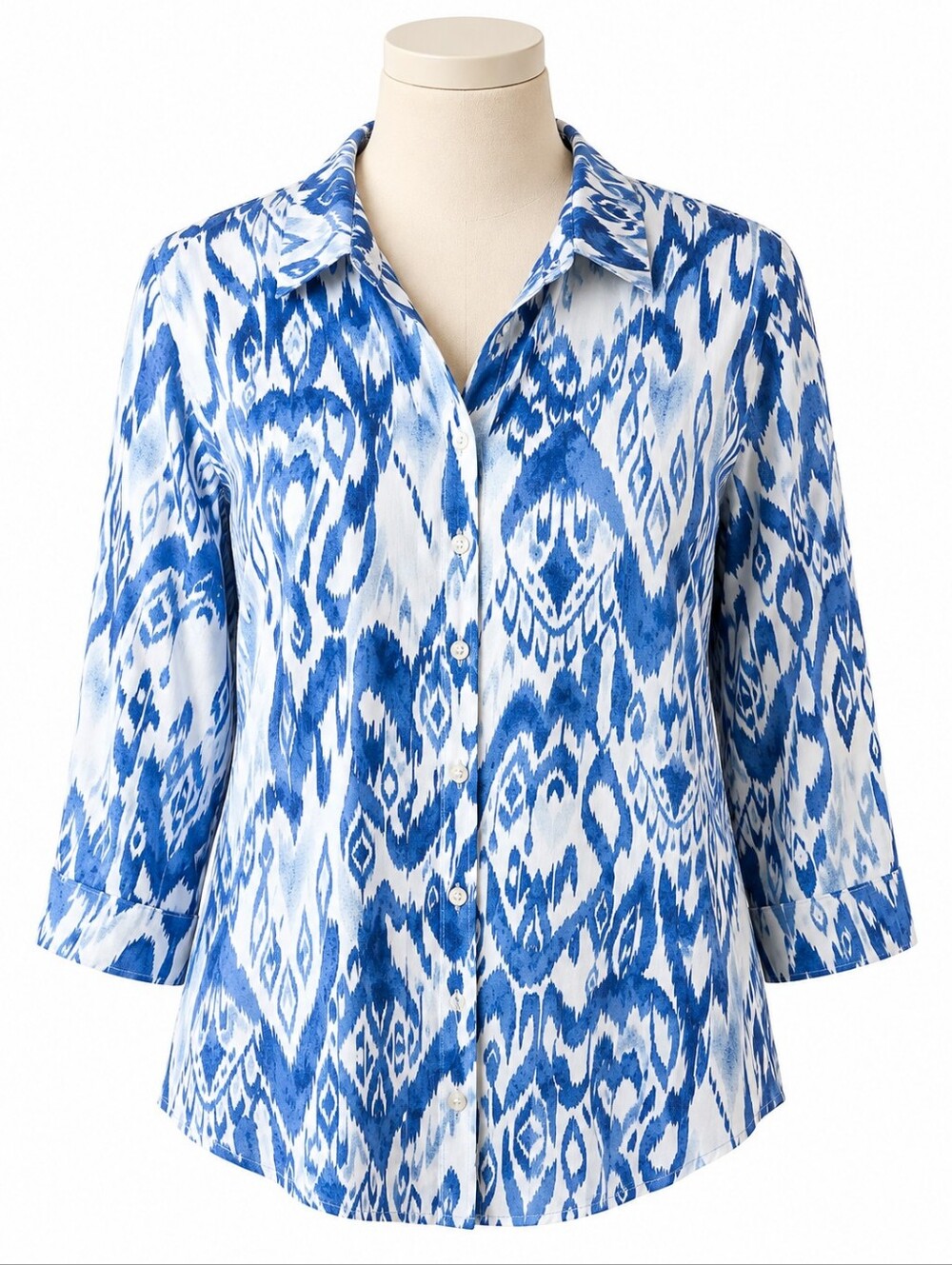 Chicos Shirt Womens Sz 2 12/14 Blue White Ikat Geometric Button Down 3/4 Sleeve